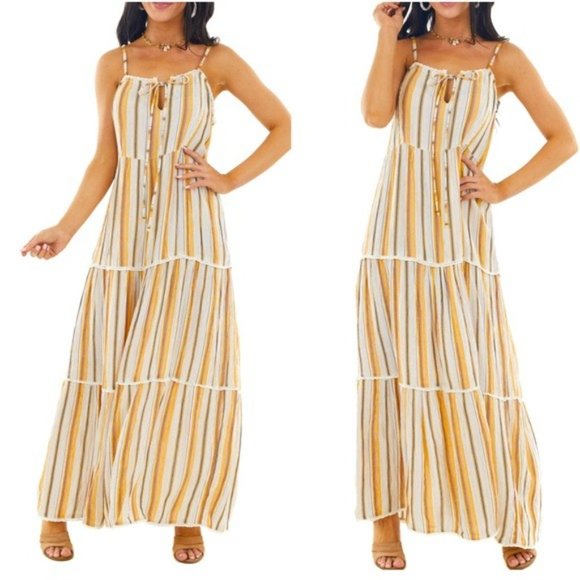 Yellow Striped Crochet Tiered Maxi Dress - Picture 3 of 6